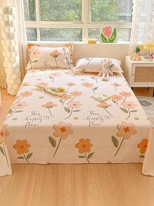 3pcs/set Flower Print Orange Flat Sheet With 2pcs Pillow Case Without Filler, Modern Soft Sheet Set For Bedroom - Orange - View 2