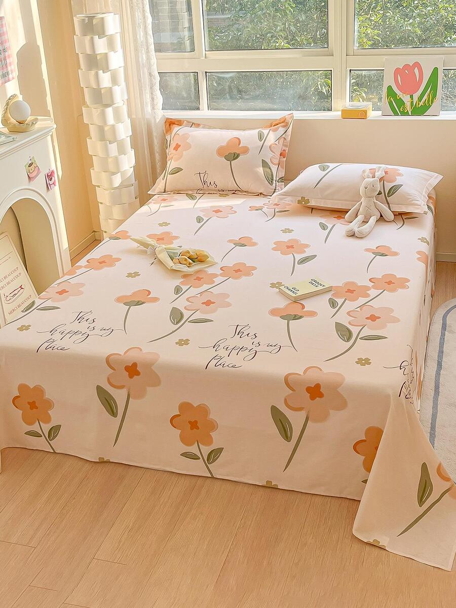 3pcs/set Flower Print Orange Flat Sheet With 2pcs Pillow Case Without Filler, Modern Soft Sheet Set For Bedroom - Orange - View 1