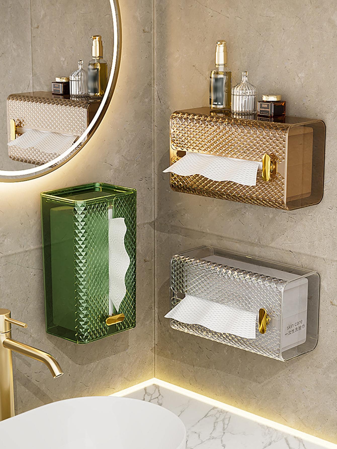 1pc Transparent Wall Mounted Punch Free Toilet Paper Holder, Modern Tissue Storage Box For Bathroom - Khaki - View 1