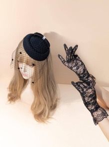 1 双花朵刺绣优雅新娘手套和 1 件蝴蝶结细节帽子装饰头带，适合派对情人节情人节秋季女士服装 - 黑色 - 查看 1