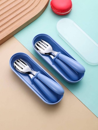 2pcs Stainless Steel Cartoon Design Spoon And Fork Set With Storage Box,School Supplies