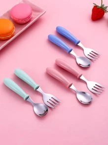2 pièces Set de cuillère et fourchette en acier inoxydable avec étui, fournitures scolaires
