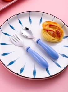 2 pièces Set de cuillère et fourchette en acier inoxydable avec étui, fournitures scolaires