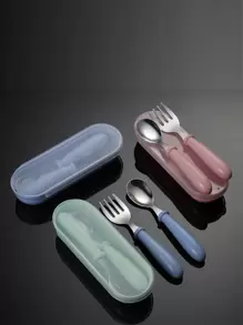 2 pièces Set de cuillère et fourchette en acier inoxydable avec étui, fournitures scolaires