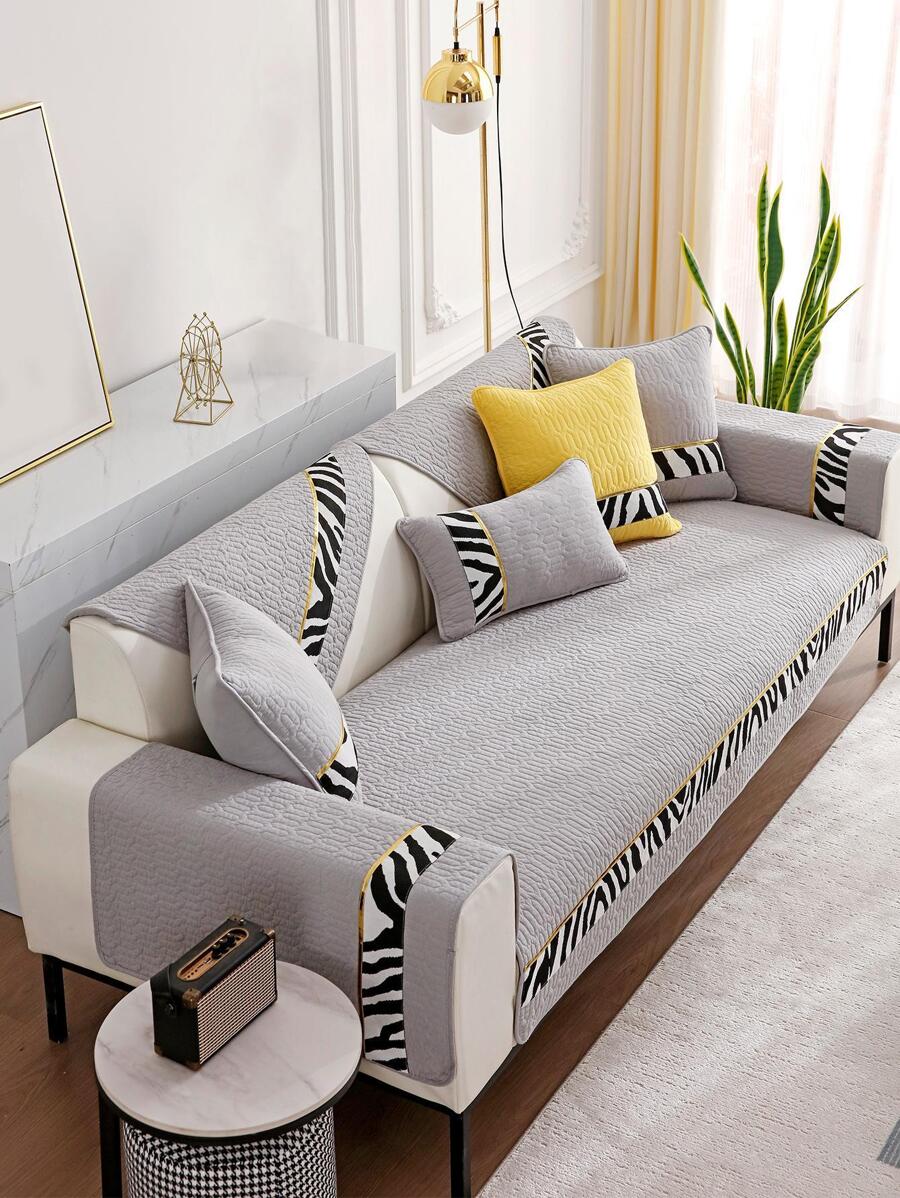1pc Zebra Stripe Pattern Anti-slip Sofa Towel, Modern Polyester Sofa Cover Blanket For Home - Grey - View 1