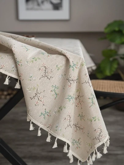 Bubaba 1pc Multicolor Floral Print Rectangular Tablecloth, Country Farmhouse Style Linen Floral Pattern With Tassel, For Dining Table, Kitchen, Restaurant, Cafe, Bedroom, Suitable For All Season