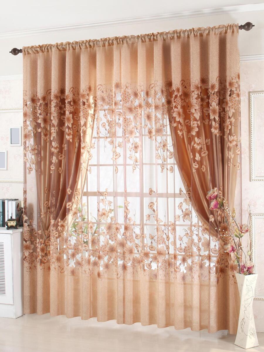 1 件單層薄紗窗簾,咖啡色牽牛花圖案,鄉村風半透明聚酯窗簾,適合客廳和臥室裝飾 - 咖啡棕 - 查看 1