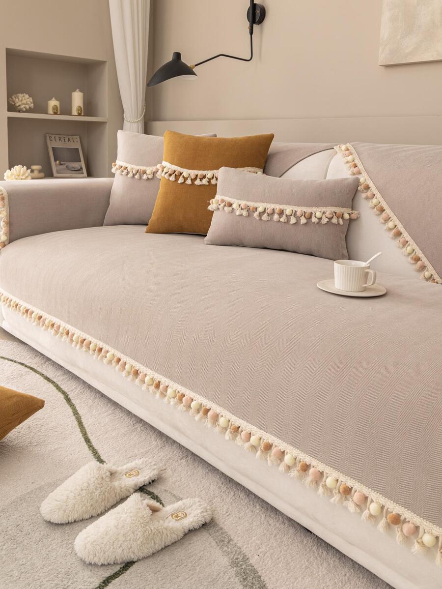 1pc Pom Pom & Tassel Decor Sofa Towel, Modern Polyester Sofa Cover Blanket For Home, All Season - Beige - View 1