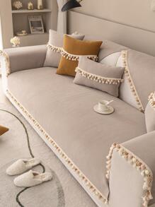 1pc Pom Pom & Tassel Decor Sofa Towel, Modern Polyester Sofa Cover Blanket For Home, All Season - Beige - View 2