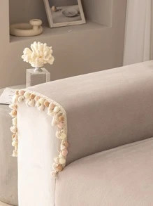 1pc Pom Pom & Tassel Decor Sofa Towel, Modern Polyester Sofa Cover Blanket For Home, All Season - Beige - View 6