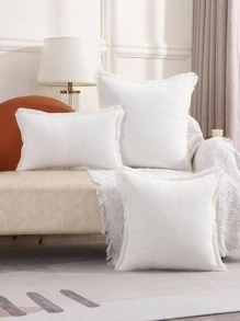 1入組素色靠墊套無填充物極簡主義帆布流蘇飾邊裝飾性抱枕套適用於客廳家居裝飾 - 白色 - 查看 1