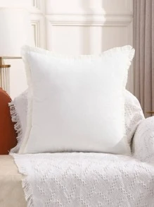 1入組素色靠墊套無填充物極簡主義帆布流蘇飾邊裝飾性抱枕套適用於客廳家居裝飾 - 白色 - 查看 6