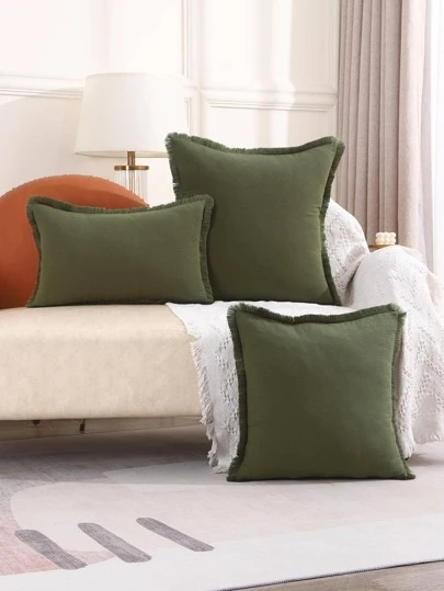 1pc Solid Color Cushion Cover Without Filler, Minimalist Canvas Fringe Trim Decorative Throw Pillow Case For Living Room, Home Decor