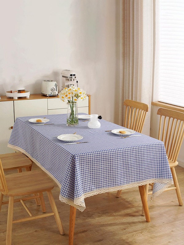 1pc Plaid Pattern Lace Trim Tablecloth, Modern Polyester Table Cover For Dining Room