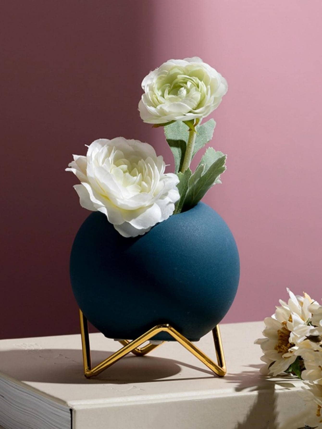 1pc Plain Flower Vase With Iron Base - Blue - View 1