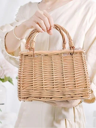 1pc Flower Girl Basket, Apricot Rattan Storage Basket, Ceremony Supply, For Party