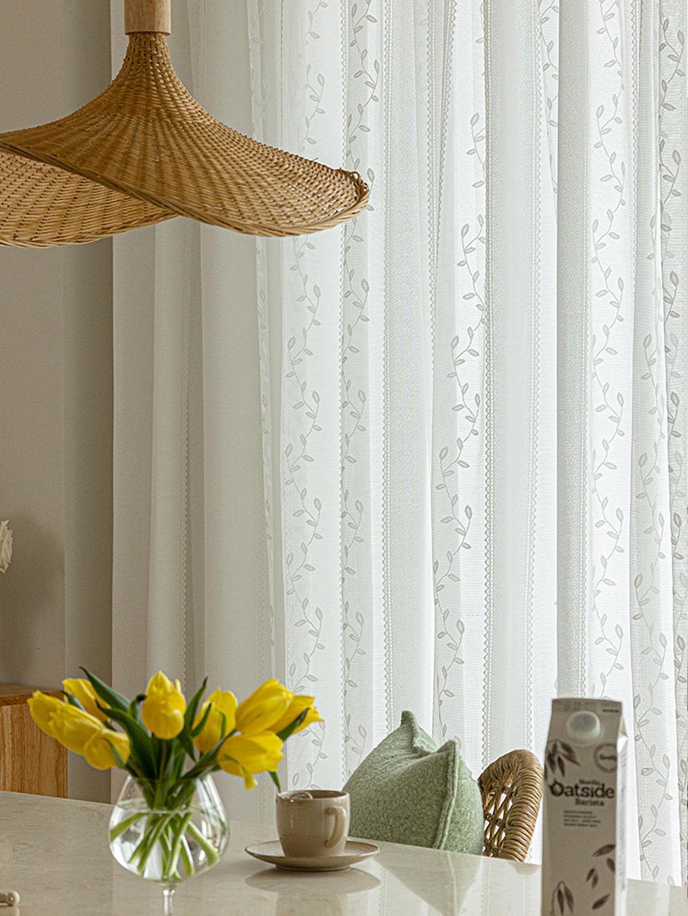 1入組葉子圖案薄透面現代滌綸濾光隱私透明窗簾 - 白色 - 查看 1