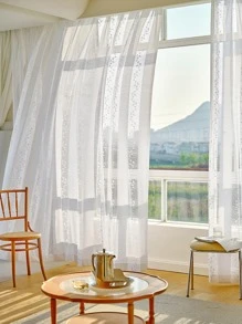 1入組葉子圖案薄透面現代滌綸濾光隱私透明窗簾 - 白色 - 查看 8