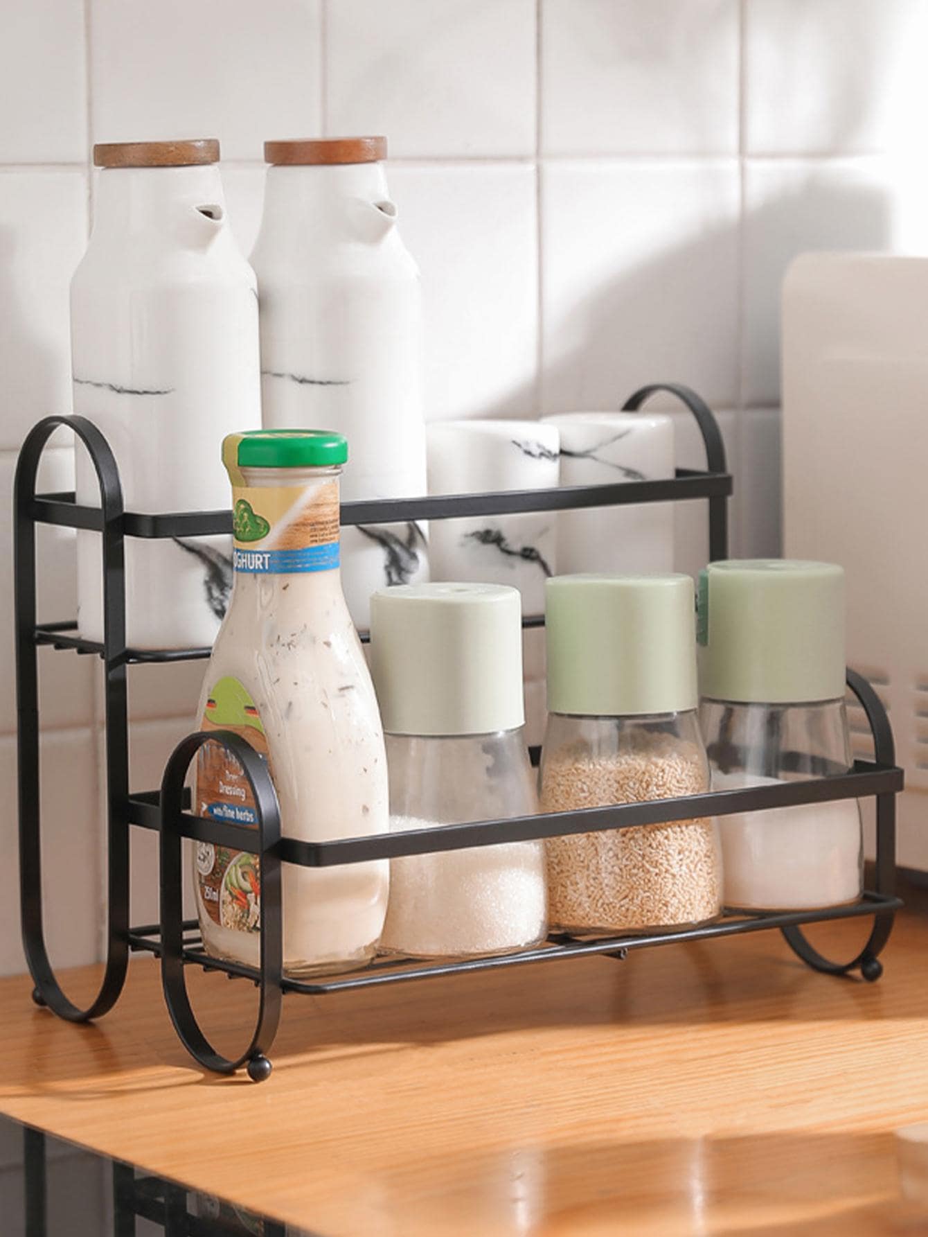 1pc Iron Double Layer Kitchen Storage Rack - Black - View 1