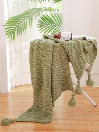 1 pièce Unicolore Couverture , Minimaliste Tricoté Tissu À Franges Couverture Pour Le Canapé Et Le Lit