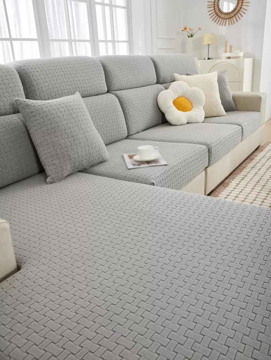 1入組素色彈力沙發座套客廳簡約滌綸防滑沙發墊套 - 淺灰色 - 查看 1