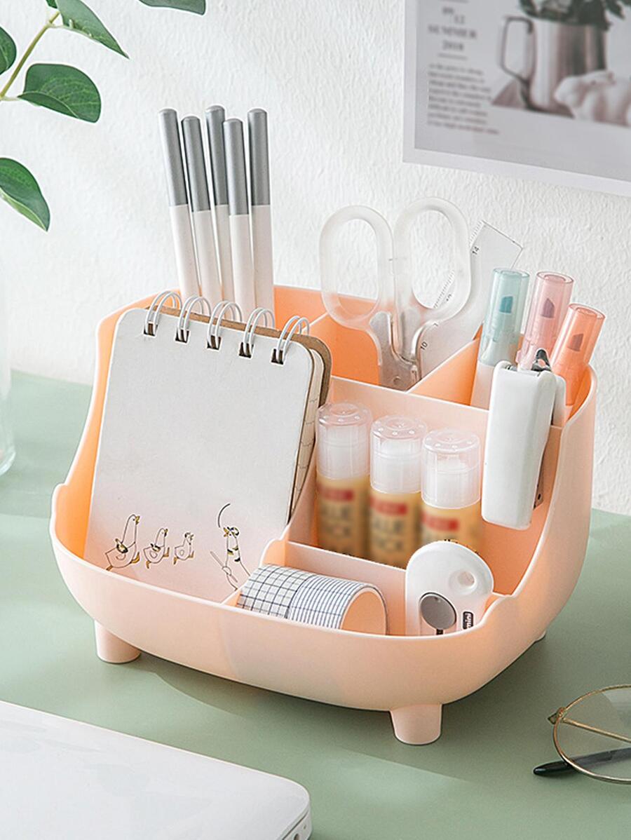 1入組素色文具收納盒學生用簡約多格桌面筆架辦公文具收納 - 粉色 - 查看 1