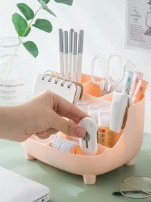 1入組素色文具收納盒學生用簡約多格桌面筆架辦公文具收納 - 粉色 - 查看 2