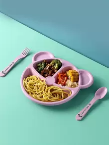 3 件套纤维盘子带勺子和叉子，现代多格餐盘带餐具适用于厨房餐桌学校用品，返校 - 粉色 - 查看 1