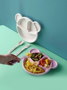 3 件套纤维盘子带勺子和叉子，现代多格餐盘带餐具适用于厨房餐桌学校用品，返校 - 粉色 - 查看 3