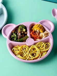 3 件套纤维盘子带勺子和叉子，现代多格餐盘带餐具适用于厨房餐桌学校用品，返校 - 粉色 - 查看 2