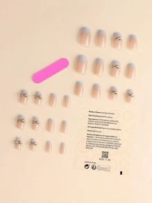 Get Glamorous with 24pcs Short Square Blue Gradient Three-Dimensional Decoration Fake Nail & 1sheet Tape & 1pc Nail File - Multicolor - View 2