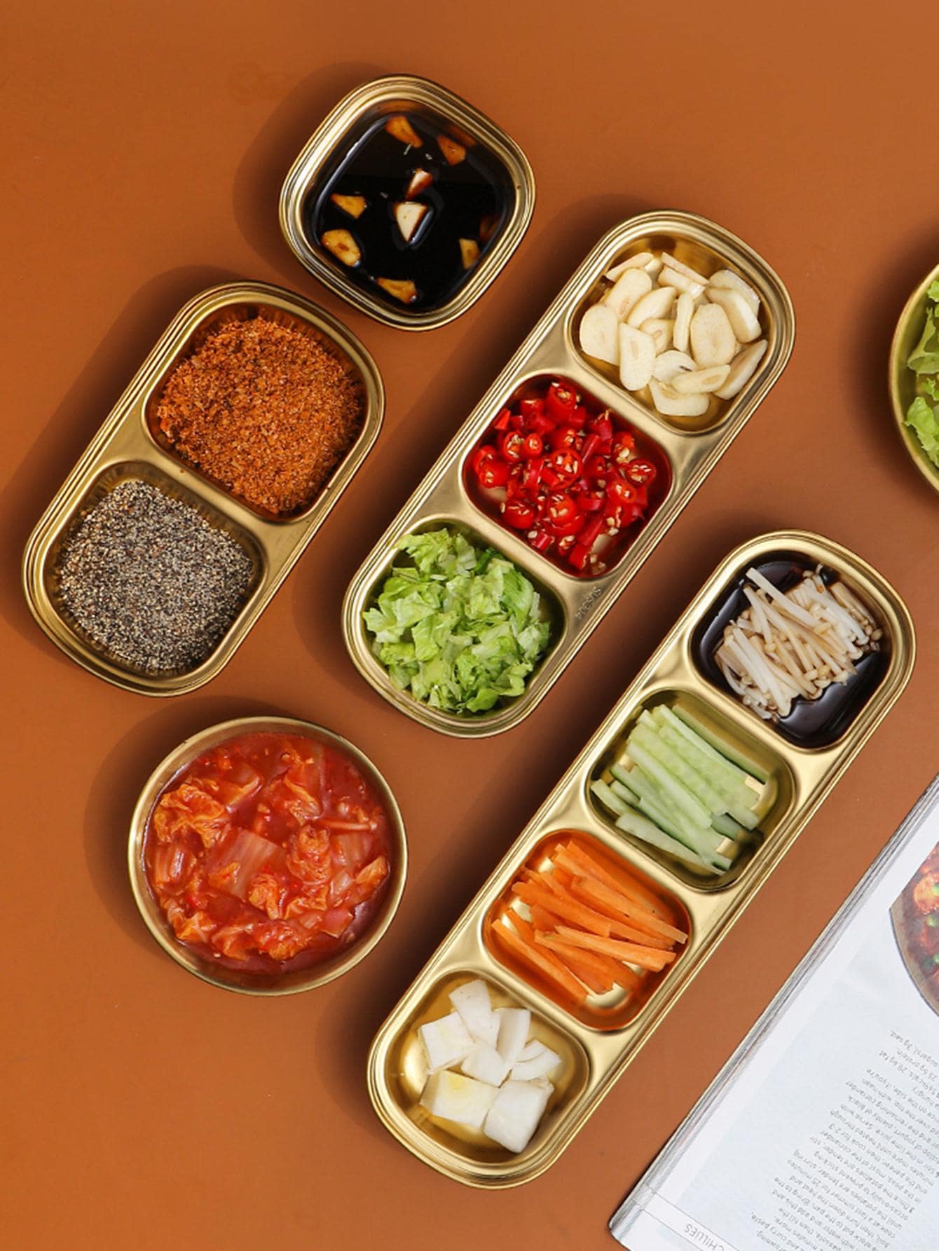 1pc Multi-Grid Stainless Steel Sauce Dish,Kitchen,Christmas Gift,School Supplies - Gold - View 1