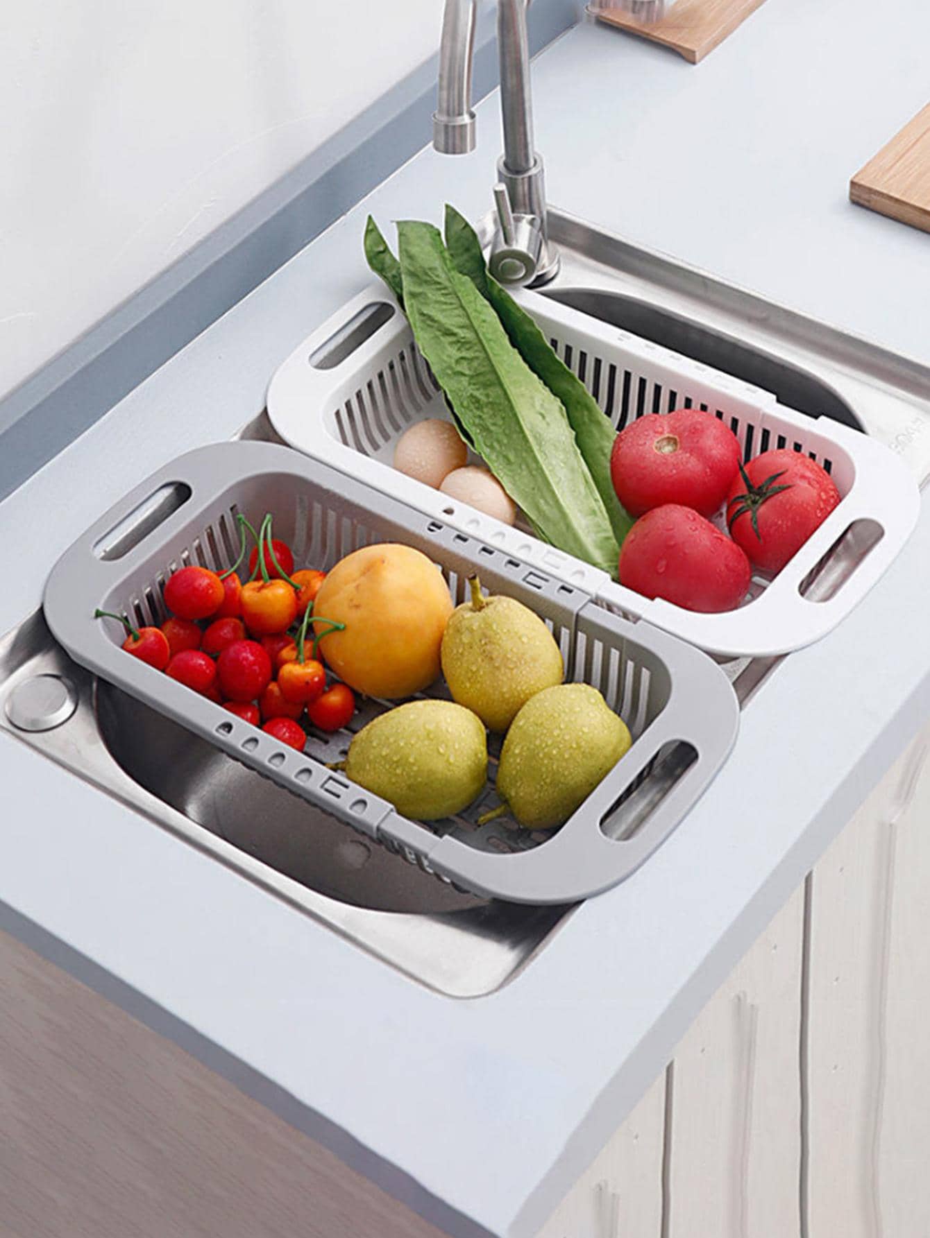 1pc Double Layer Drain Basket, Grey Foldable Sink Hanging Strainer For Kitchen - Grey - View 1