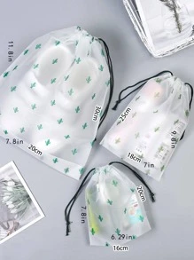 3入組/套抽繩旅行收納卡通可愛仙人掌圖案防水旅行包裝袋