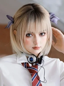 7JHH WIGS 渐变金色假发 女士短直鲍勃假发 带刘海 深色发根 自然造型合成耐热发质 时尚女士假发 适合女孩日常学校派对服装使用 12 英寸 - 彩色 - 查看 2