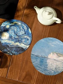 1pc Starry Night Print Round Table Pad, White Heat Resistant Anti-slip Table Mat For Household - Black - View 3