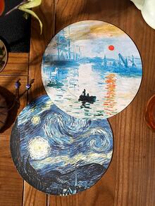 1pc Starry Night Print Round Table Pad, White Heat Resistant Anti-slip Table Mat For Household - Black - View 2