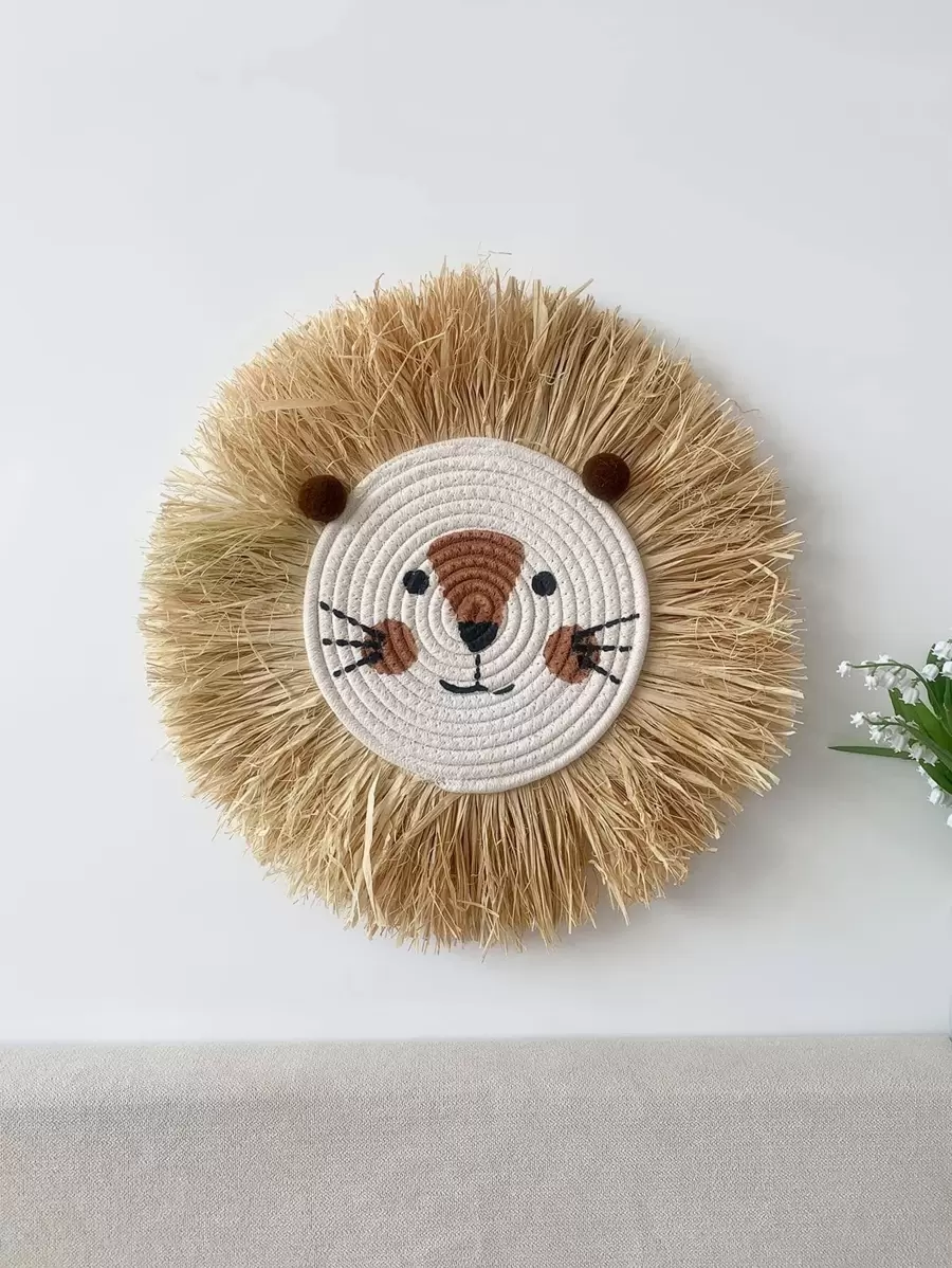 1pc Raffia Woven Cartoon Animal Hanging Decoration, Cute And Cozy For Kids Room, Living Room, Bedroom, Wall Decor - Multicolor - View 1