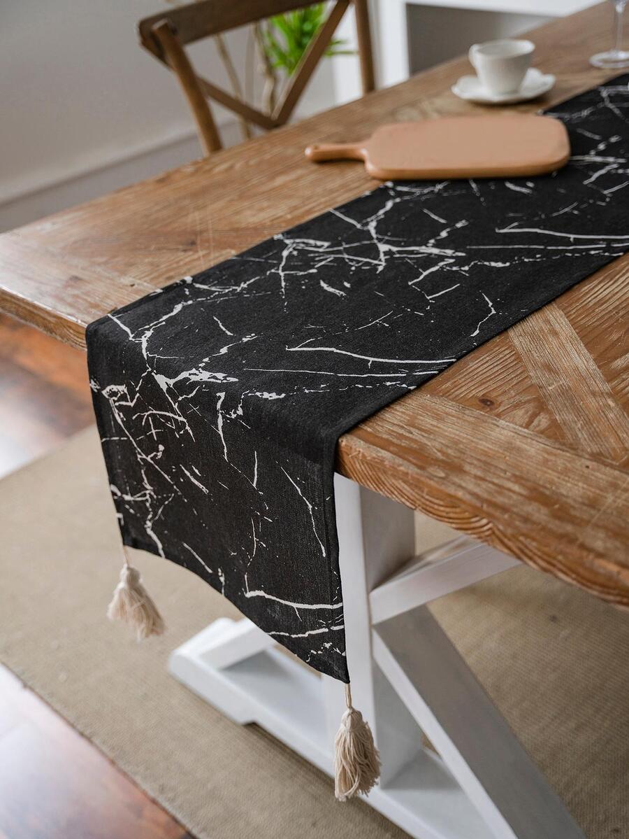 Camino de mesa con patrón de mármol con diseño de fleco - Negro - Ver 1