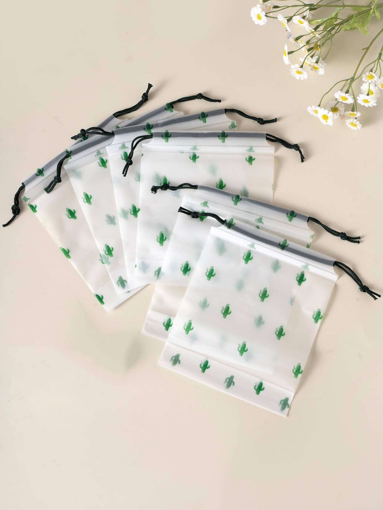 12 piezas Bolsa de almacenamiento de ropa con estampado de cactus transparente con cordón almacenamiento de plástico portátil mini para exterior - Multicolor - Ver 1