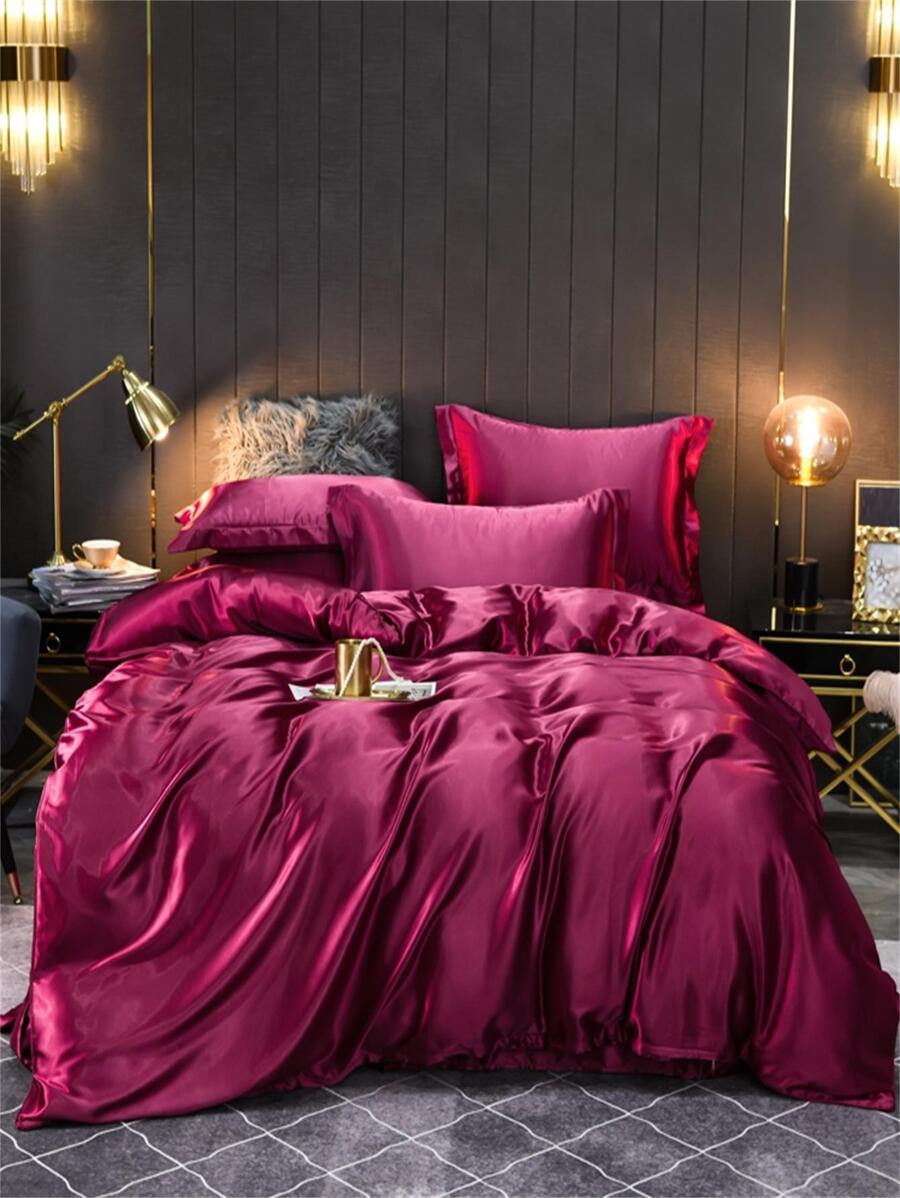1入組素色酒紅色緞面現代柔軟舒服床上用品被套 - 酒紅色 - 查看 1