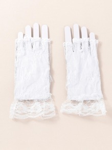 Elegant Floral Pattern Lace Trim Fingerless Gloves Valentine's Day Valentines - White - View 3