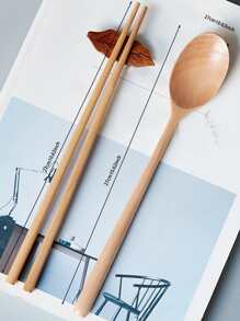 2pcs Wooden Spoon & Chopstick Set, Japanese Style Flatware Set For Dining - Beige - View 6