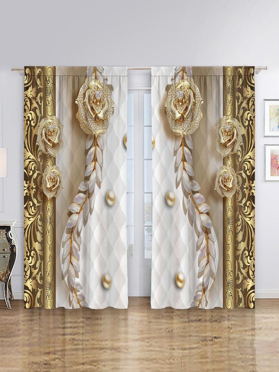 2pcs Flower Pattern Blackout Curtain, Modern Polyester Curtain For Home - Multicolor - View 1