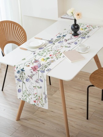 1pc Flower Pattern Table Runner, Modern Polyester Table Runner For Home