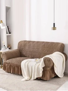 1pc Plain Sofa Cover, Minimalist Polyester Ruffle Trim Stretchy Sofa Slipcover For Home - Camel - View 2