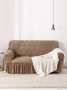 1pc Plain Sofa Cover, Minimalist Polyester Ruffle Trim Stretchy Sofa Slipcover For Home - Camel - View 1