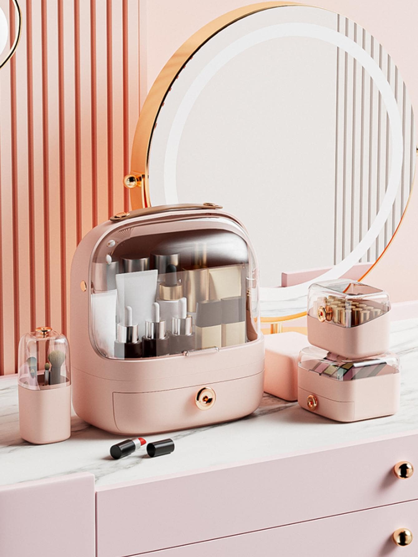 1 pieza Caja de almacenamiento de Maquillaje transparente a prueba de polvo - Rosa - Ver 1