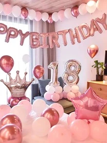 61pcs/set Latex Balloon, Slogan & Crown Design Decorative Balloon For Party - Pink - View 2
