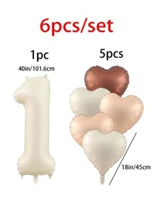 (6pcs/Set) 1pc 40-Inch Cream Number Balloon And 5pcs 18-Inch Heart Balloons For Birthday Decoration Party Supplies - Multicolor - View 5